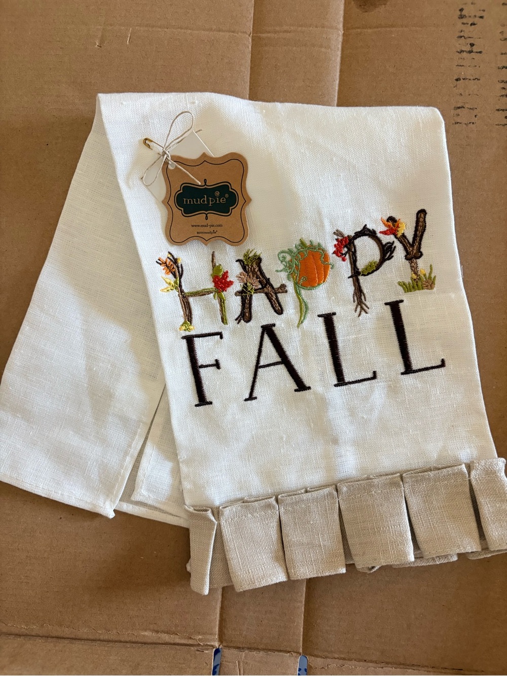 Mud Pie White 'Happy Fall' Embroidered Hand Towel with Autumn Motif